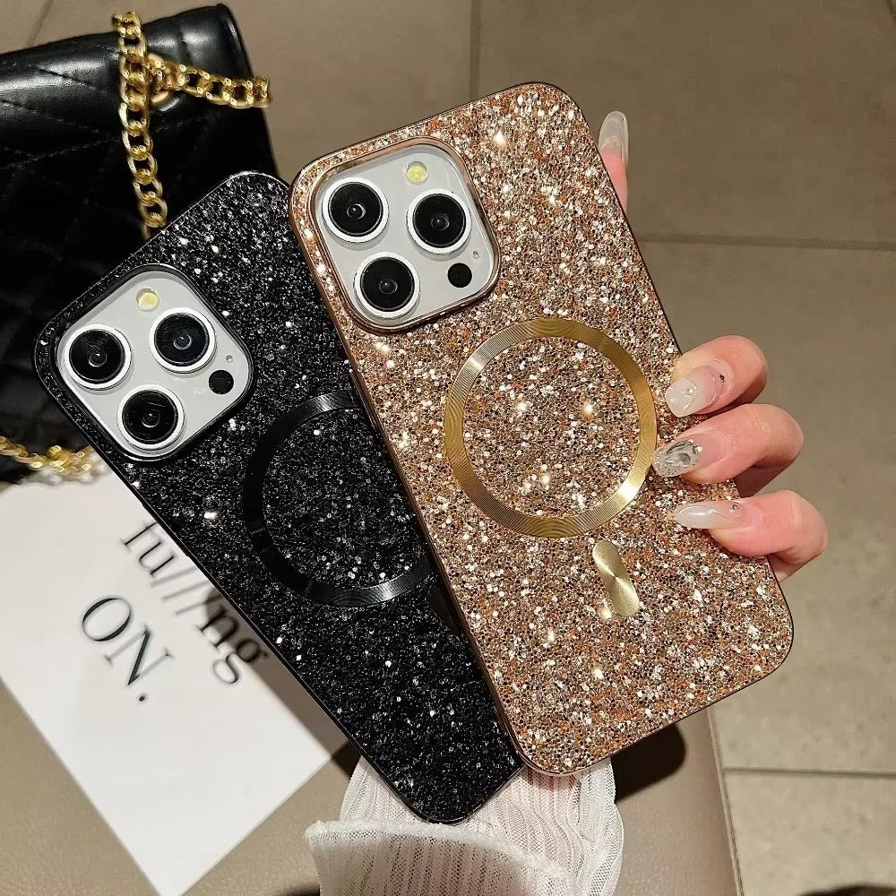 Luxury Apple iPhone Case, MagSafe Compatible, Camera Lens & Screen Protection, Ultra Thin, Shockproof, Magnetic Full All Around Cover – Bling Glitter Magnetic Case with Shockproof Protective Back for Stylish Appeal