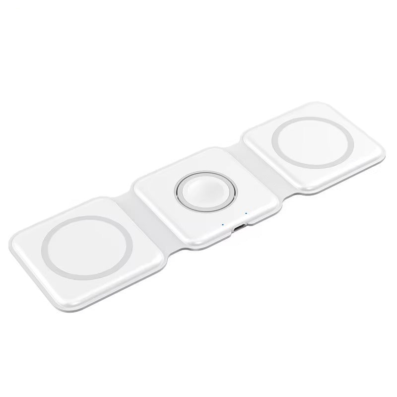Premium 3 in 1 Magnetic Wireless Charger Pad – Portable Fast Charging Dock for iPhone, Apple Watch, AirPods with Foldable Stand, Type-C, 15W Output