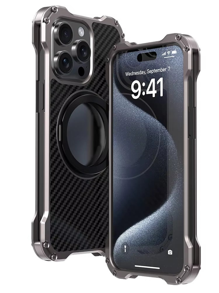 Robust Apple iPhone Case, MagSafe Compatible, Camera Lens & Screen Protection, Ultra Thin, Shockproof, Magnetic Full All Around Cover – Carbon Fiber Aluminum Alloy Case with Built-In Holder Ring & Lightweight Frame