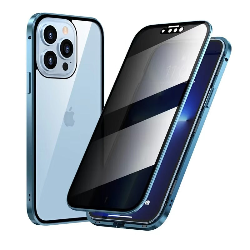 Premium Apple iPhone Case, MagSafe Compatible, Camera Lens & Screen Protection, Ultra Thin, Shockproof, Magnetic Full All Around Cover – 360° Magnetic Metal Case with Tempered Glass Privacy Screen & Anti-Spy Protection