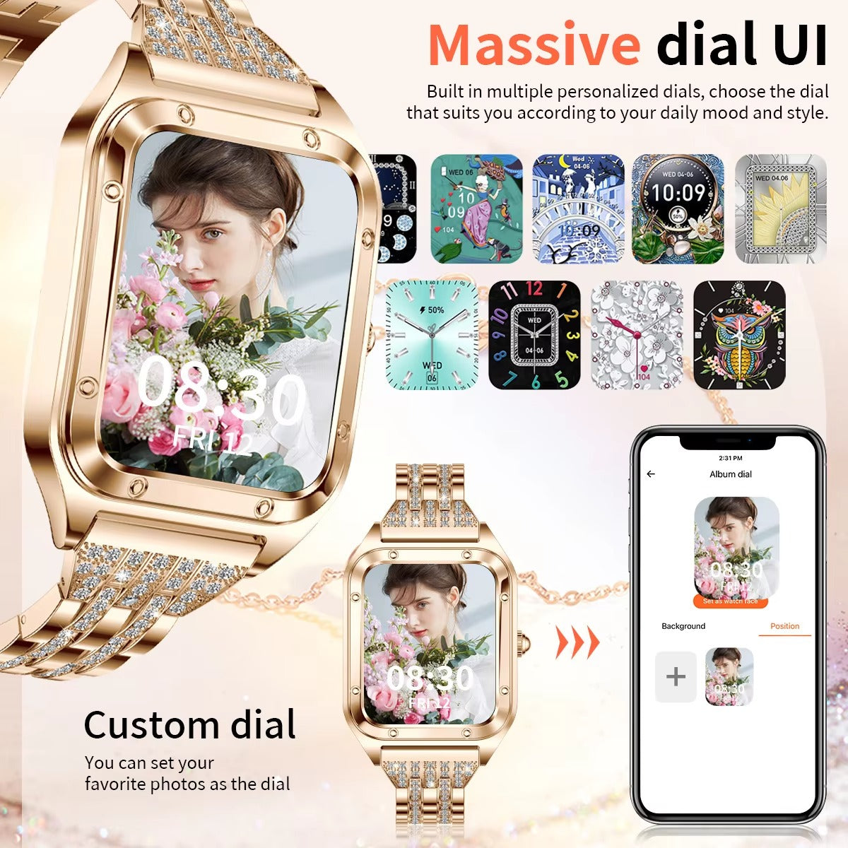 Luxury Women’s Smartwatch for iPhone – Bluetooth Call Fitness Tracker with Blood Pressure Monitor, Waterproof Sport Mode