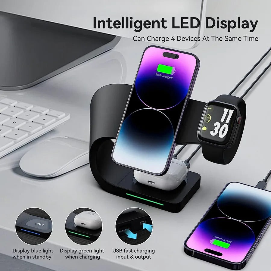 Premium 4 in 1 Magnetic Wireless Charging Station – 15W Fast Charger Dock with LED Indicator for Phones, Apple Watch, AirPods and USB Devices