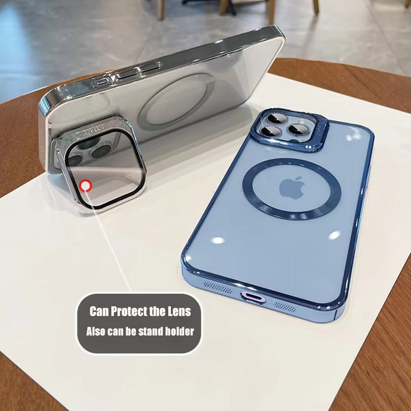 Luxury Apple iPhone Case Ultra Thin Shockproof Magnetic Full All Around Protection Cover with Transparent Plating Bracket