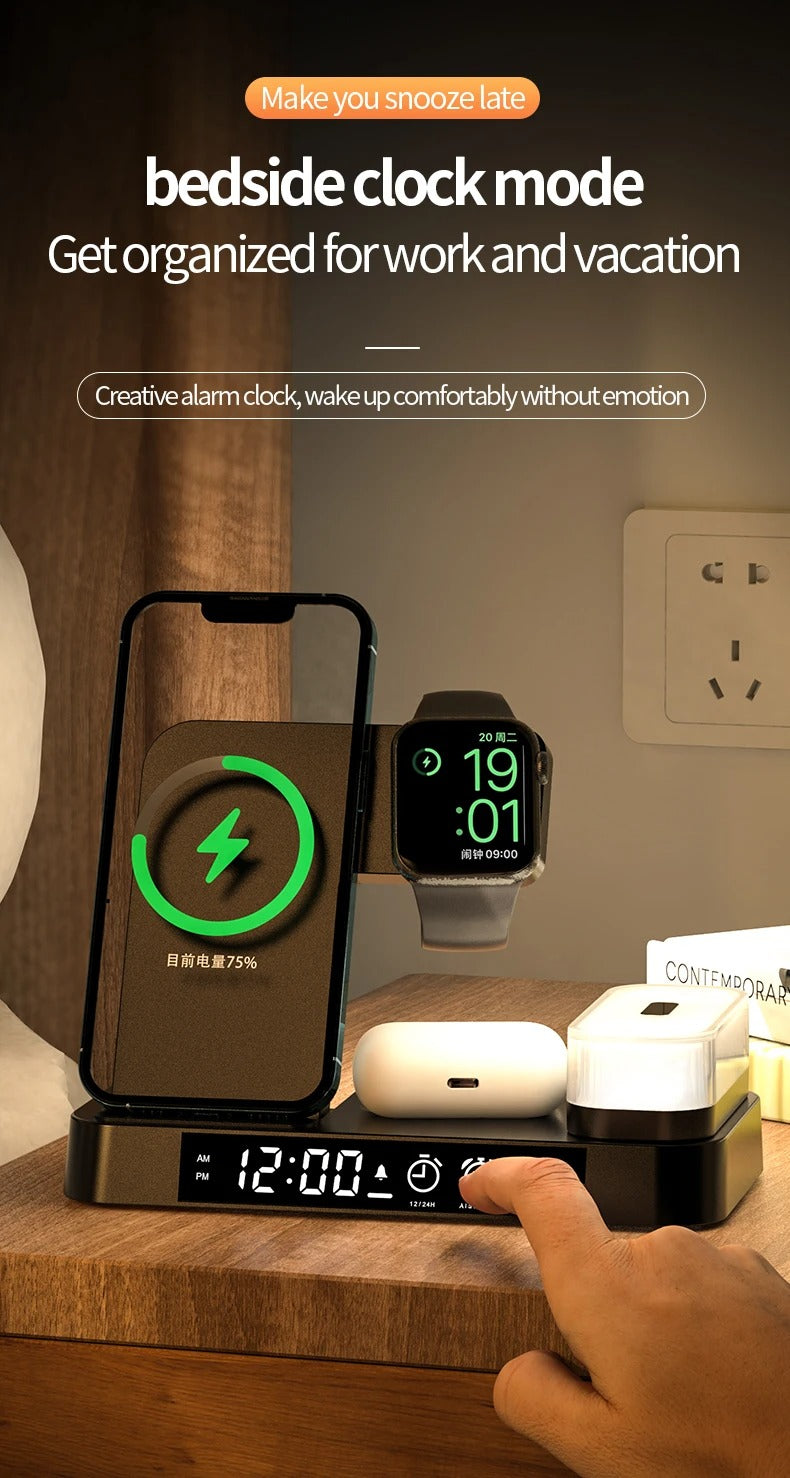 Premium 3 in 1 Wireless Charging Station – 30W Fast Charger Stand with Alarm Clock, Removable RGB Night Light for Phones, Apple Watch, Samsung Watch & AirPods