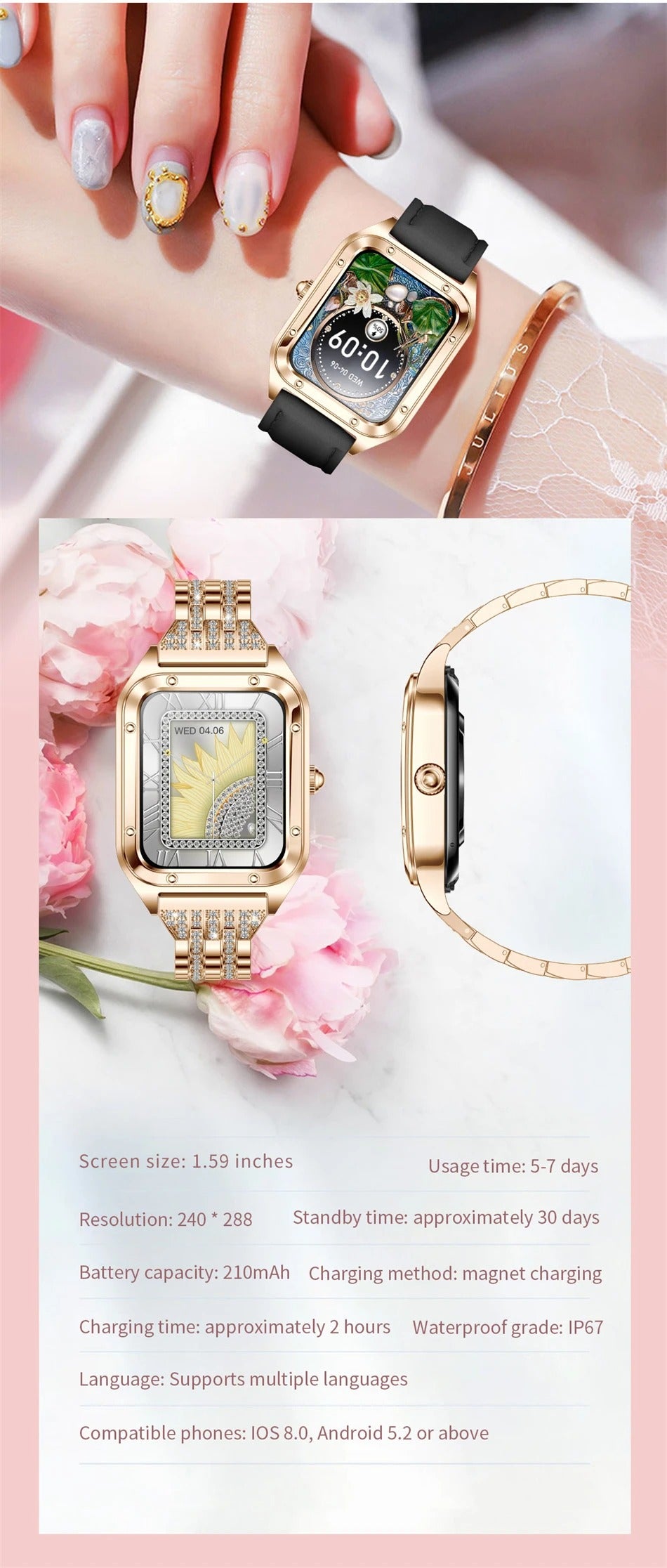 Luxury Women’s Smartwatch for iPhone – Bluetooth Call Fitness Tracker with Blood Pressure Monitor, Waterproof Sport Mode