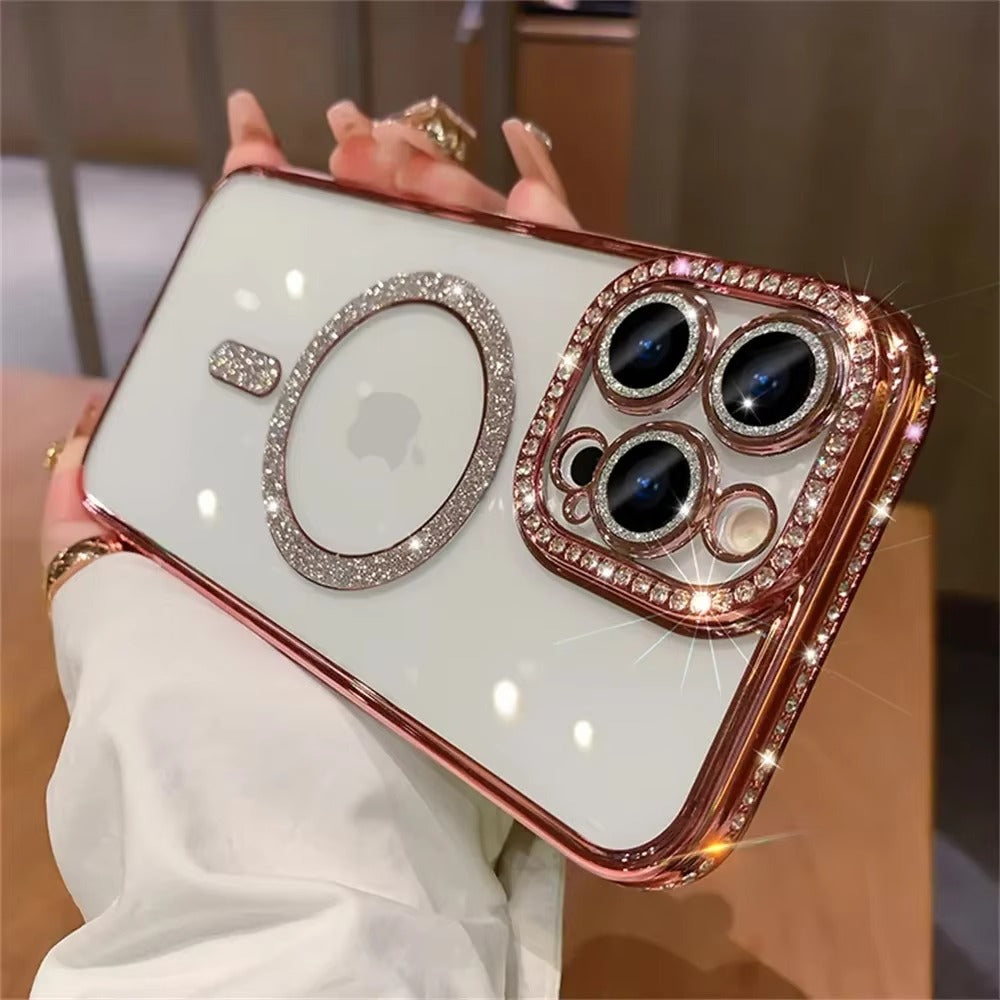 Luxury Apple iPhone Case, MagSafe Compatible, Camera Lens & Screen Protection, Ultra Thin, Shockproof, Magnetic Full All Around Cover – Glitter Diamond Transparent Case with Wireless Charging & Bumper Edge Design