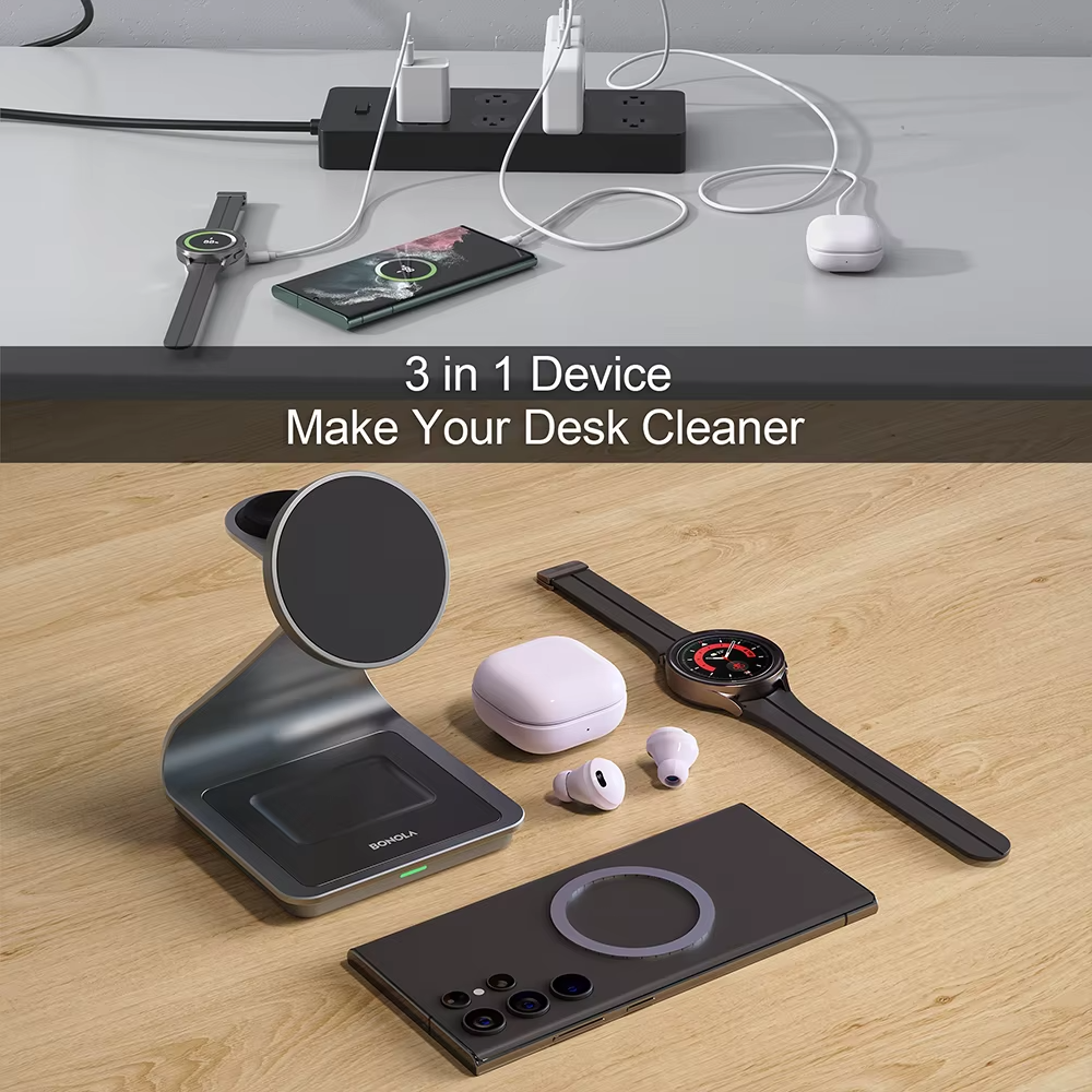 Premium 3 in 1 Magnetic Wireless Charging Stand – 15W Fast Charger Dock with Aluminum Alloy Metal Design for iPhone, Apple Watch and AirPods