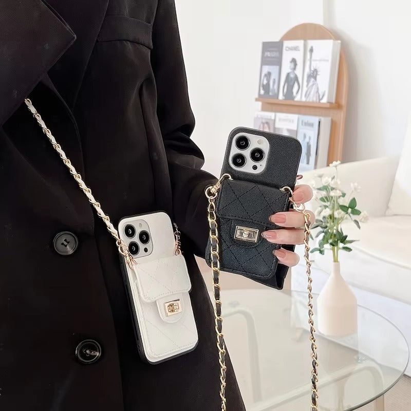 Luxury Apple iPhone Case, MagSafe Compatible, Camera Lens & Screen Protection, Ultra Thin, Shockproof, Magnetic Full All Around Cover – Lingge Envelope Crossbody Card Bag with Long Necklace Strap