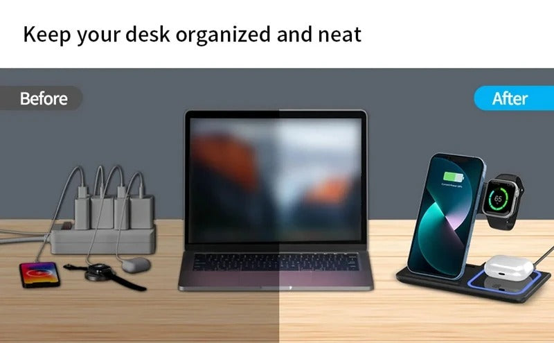 Premium 4 in 1 Wireless Charging Station with LED Light – Foldable Fast Charger Stand for Phones, Apple Watch, AirPods and Qi-Compatible Devices