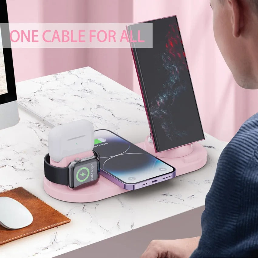 Premium 6 in 1 Wireless Charging Station – Fast Charger Dock for iPhone, Apple Watch, AirPods with Type-C, Lightning & Micro USB Ports, 15W Output