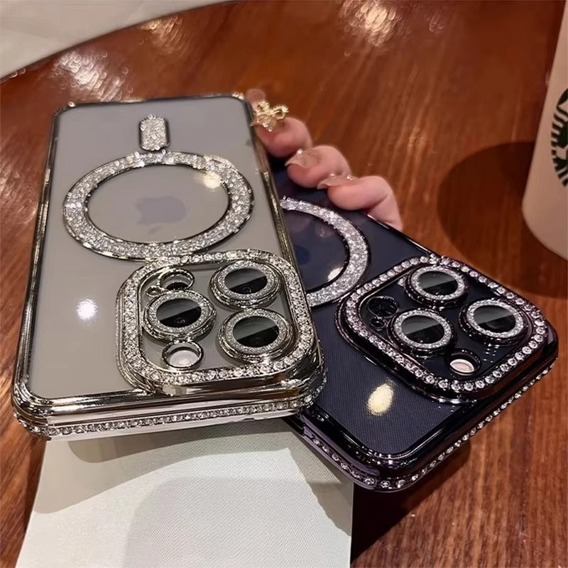 Luxury Apple iPhone Case, MagSafe Compatible, Camera Lens & Screen Protection, Ultra Thin, Shockproof, Magnetic Full All Around Cover – Glitter Diamond Transparent Case with Wireless Charging & Bumper Edge Design