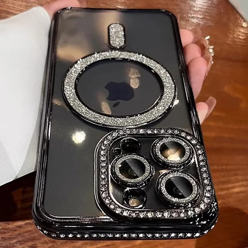Luxury Apple iPhone Case, MagSafe Compatible, Camera Lens & Screen Protection, Ultra Thin, Shockproof, Magnetic Full All Around Cover – Glitter Diamond Transparent Case with Wireless Charging & Bumper Edge Design