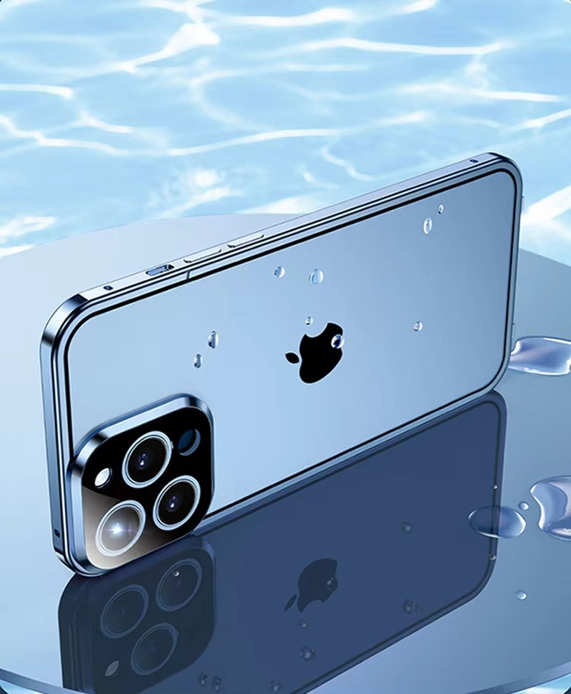High Quality Apple iPhone Case MagSafe Compatible, Camera Lens & Screen Protection Cover with Double Glass Metal Buckle