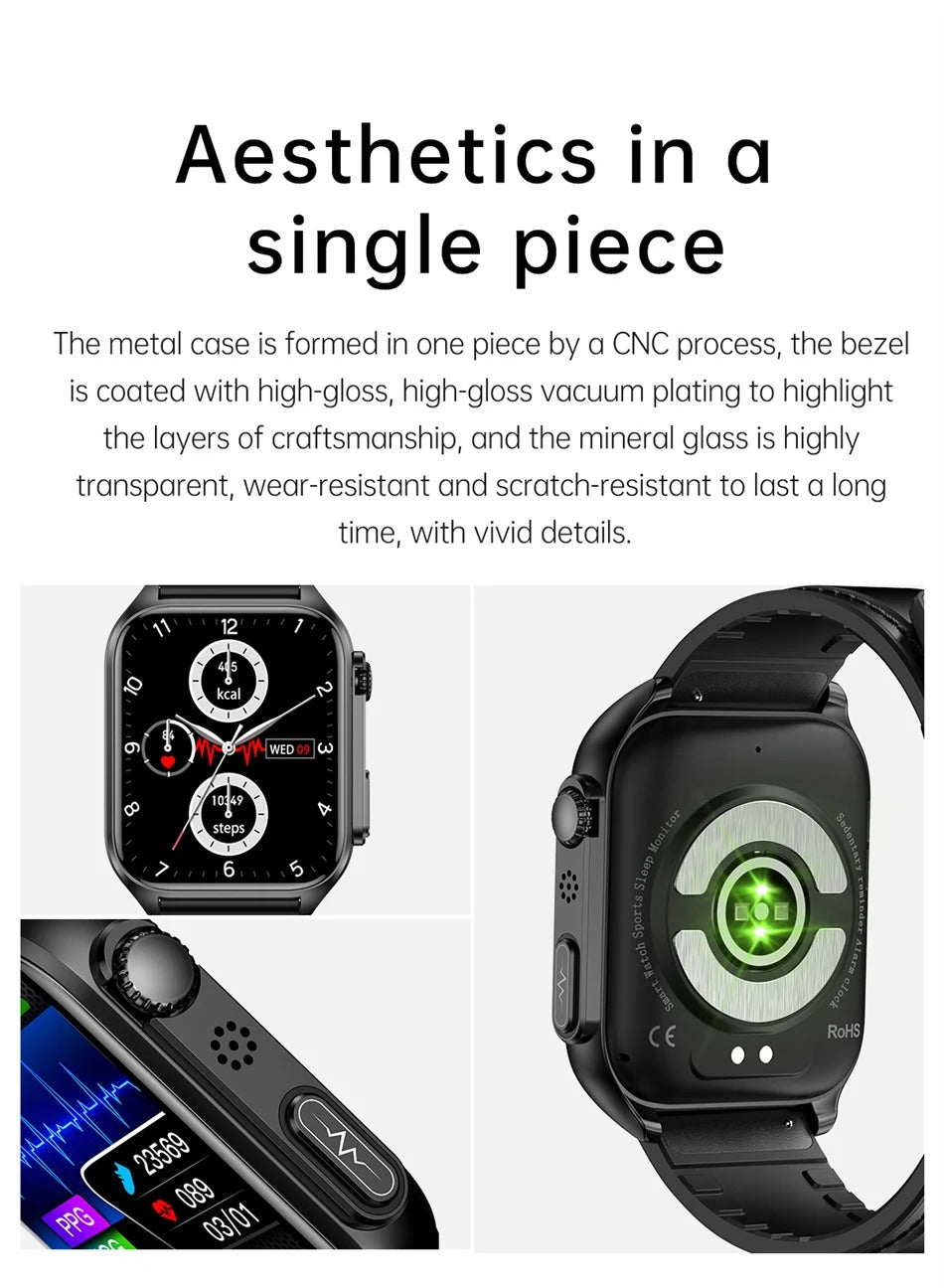 Premium Health Smartwatch for iPhone – Non-Invasive Blood Glucose Monitor with ECG+PPG, AI Voice Assistant, Bluetooth Calling