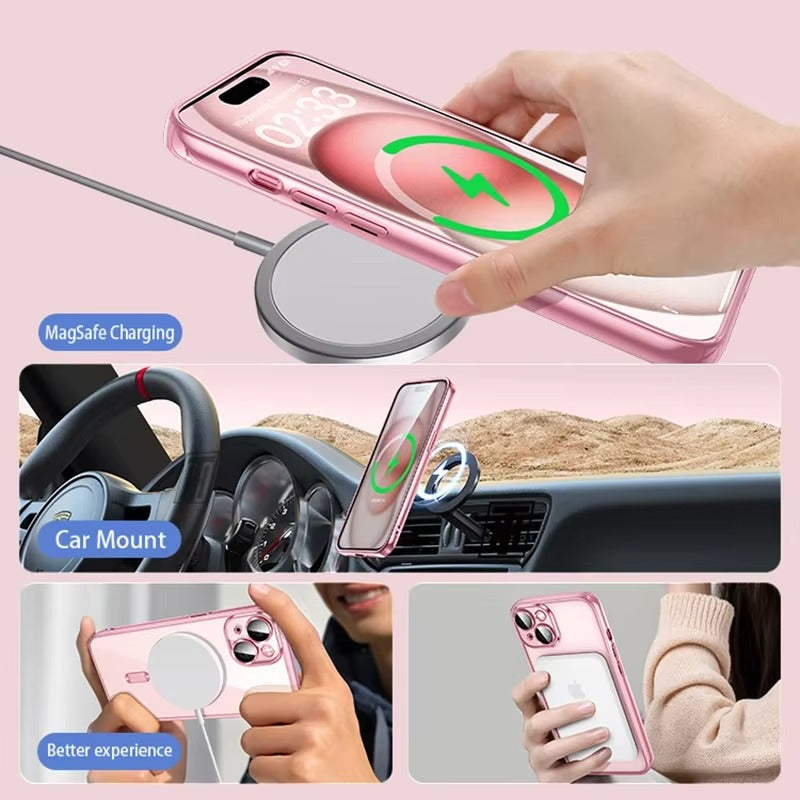 Luxury Apple iPhone Case, MagSafe Compatible, Camera Lens & Screen Protection, Ultra Thin, Shockproof, Magnetic Full All Around Cover – Plating Transparent Silicone TPU Case with Magnetic Back & Lens Film Protection