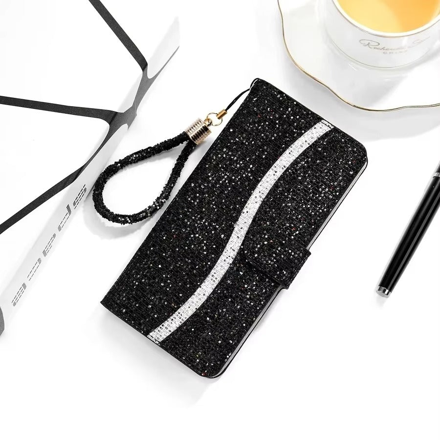 Luxury Apple iPhone Case, MagSafe Compatible, Camera Lens and Screen Protection, Ultra Thin, Shockproof, Magnetic, Full All Around Protection, Glitter Wallet Strap Cover