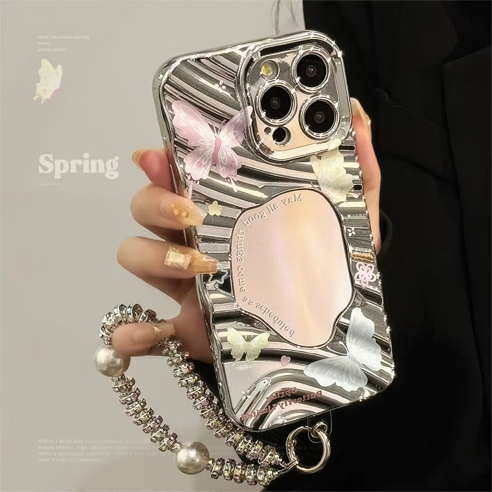 Luxury Apple iPhone Case, MagSafe Compatible, Camera Lens and Screen Protection, Ultra Thin, Shockproof, Magnetic, Full All Around Protection, Butterfly Mirror Bracelet Cover