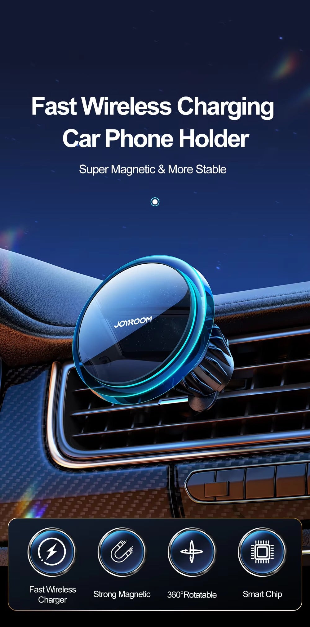 Premium Magnetic Wireless Car Phone Holder – Fast Charging Mount with Blue Light, Dashboard or Vent Clip