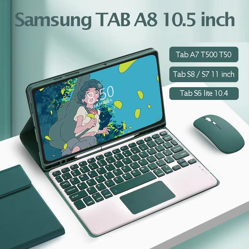 Luxury Wireless Keyboard Case with Free Mouse – Bluetooth Keyboard Cover with Touchpad, Leather Texture, Built-in Battery, for 10–11 inch Tablets, Solid Color Design