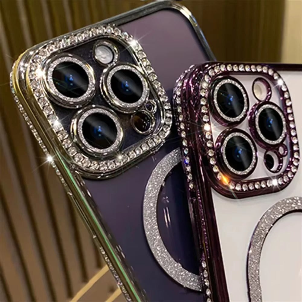 Luxury Apple iPhone Case, MagSafe Compatible, Camera Lens & Screen Protection, Ultra Thin, Shockproof, Magnetic Full All Around Cover – Glitter Diamond Transparent Case with Wireless Charging & Bumper Edge Design