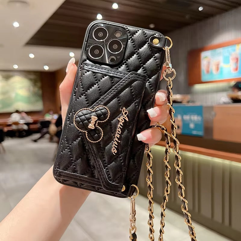 Luxury Apple iPhone Case, MagSafe Compatible, Camera Lens & Screen Protection, Ultra Thin, Shockproof, Magnetic Full All Around Cover – Rhombic Pattern PU Leather Card Holder Case with Lanyard Strap