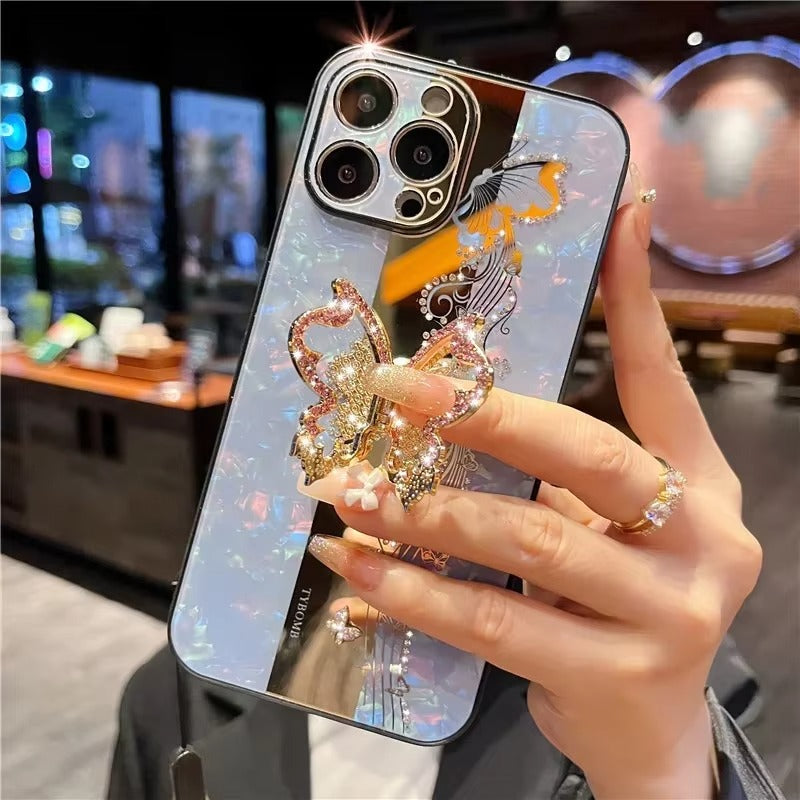 Fashion Apple iPhone Case, MagSafe Compatible, Camera Lens & Screen Protection, Ultra Thin, Shockproof, Magnetic Full All Around Cover – Butterfly Ring Holder Case with Full Shockproof Armor Back for Girls