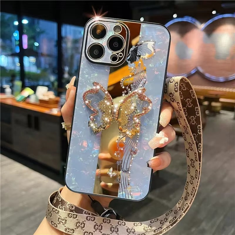 Fashion Apple iPhone Case, MagSafe Compatible, Camera Lens & Screen Protection, Ultra Thin, Shockproof, Magnetic Full All Around Cover – Butterfly Ring Holder Case with Full Shockproof Armor Back for Girls