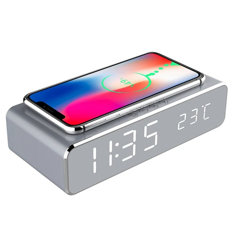 Luxury Wireless Charging Alarm Clock – LED Digital Thermometer Dock Station with Fast 5W Charger for Phones, Smartwatches, and Earbuds