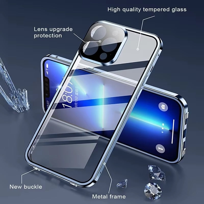 Luxury Apple iPhone Case MagSafe Compatible, Camera Lens & Screen Protection, Cover with Double-Sided Glass Bumper Lock