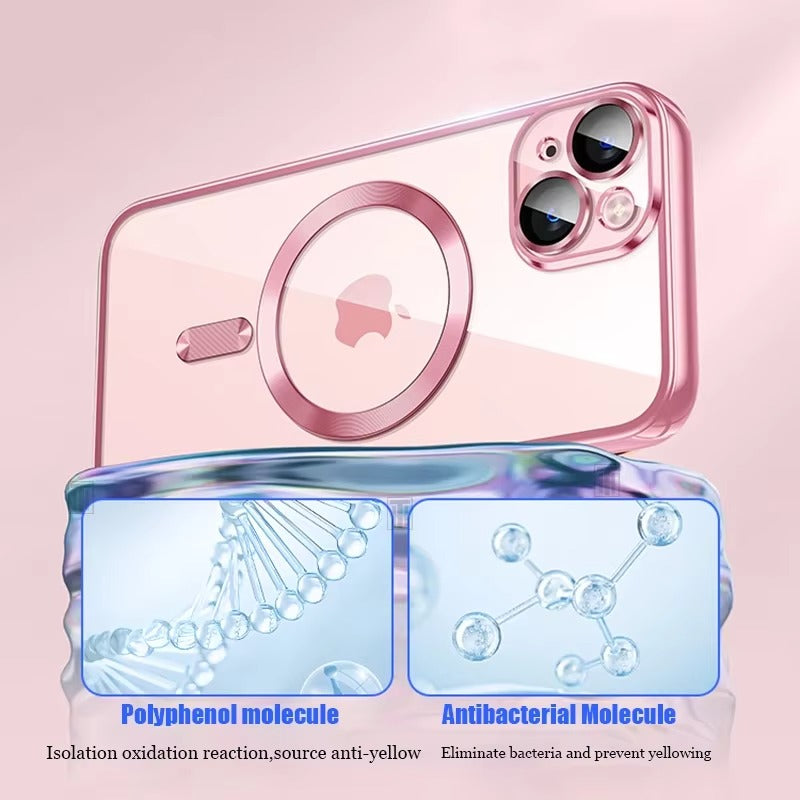 Luxury Apple iPhone Case, MagSafe Compatible, Camera Lens & Screen Protection, Ultra Thin, Shockproof, Magnetic Full All Around Cover – Plating Transparent Silicone TPU Case with Magnetic Back & Lens Film Protection