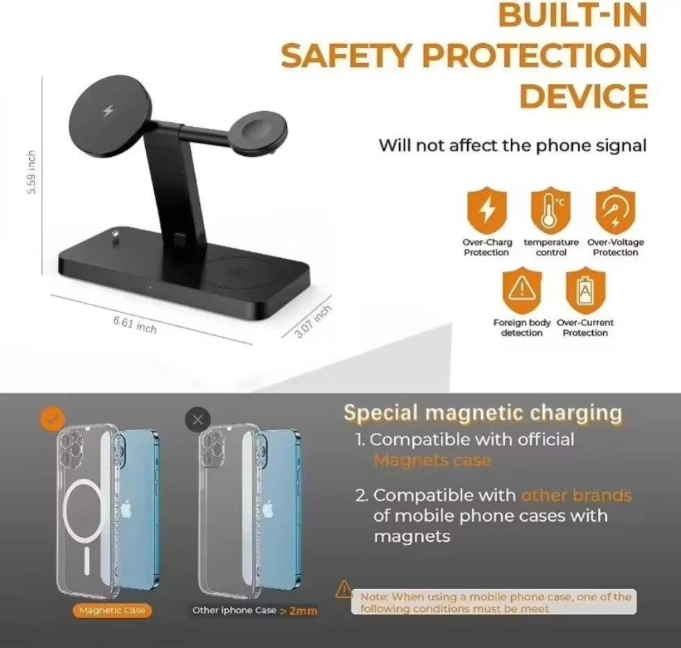 Premium 5 in 1 Magnetic Wireless Charging Station – Foldable Fast Charger Stand for Phones, Smartwatches, Earbuds with 30W Output & LED Night Light