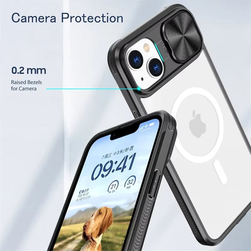 Premium Apple iPhone Case MagSafe Compatible, Camera Lens & Screen Protection, Cover with Slide Lens & Clear Acrylic Back