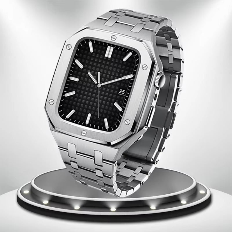 Luxury Metal Mod Kit for Smartwatch – Bezel Frame, Strap, and Case Set for 44mm to 45mm Watches, Premium Custom Accessories
