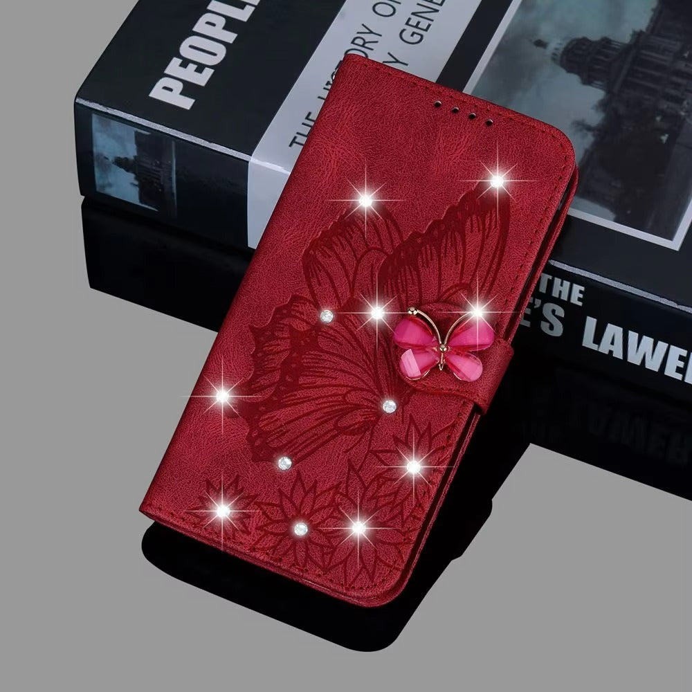 Luxury Apple iPhone Case, MagSafe Compatible, Camera Lens and Screen Protection, Ultra Thin, Shockproof, Magnetic, Full All Around Protection, Butterfly Glitter Wallet Cover