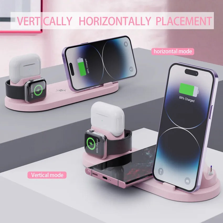 Premium 6 in 1 Wireless Charging Station – Fast Charger Dock for iPhone, Apple Watch, AirPods with Type-C, Lightning & Micro USB Ports, 15W Output