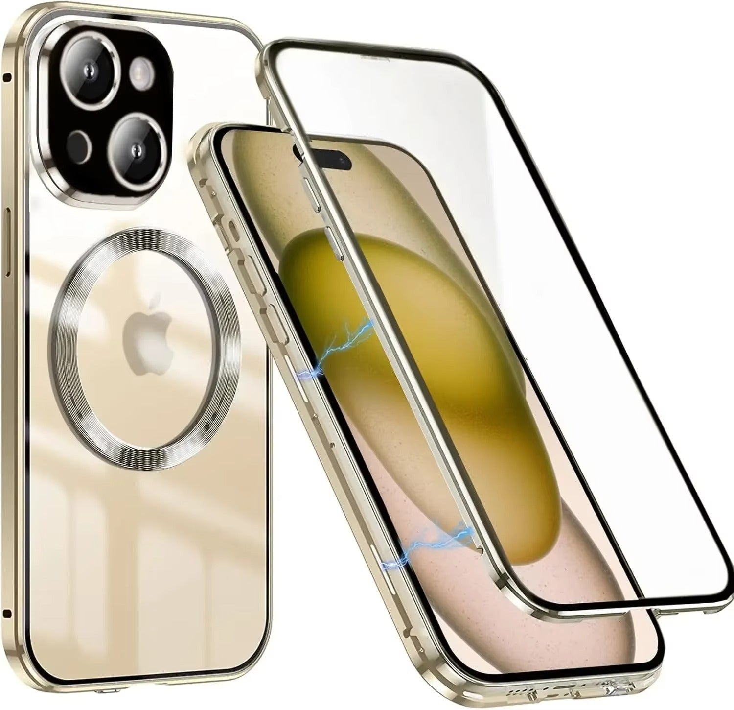 Premium Apple iPhone Case Ultra Thin Shockproof Magnetic Full All Around Protection Cover with Metal Frame Glass Design