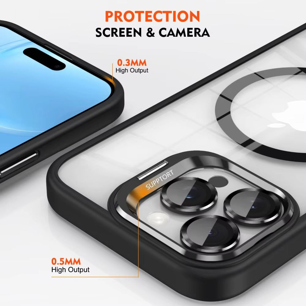 Premium Apple iPhone Case MagSafe Compatible, Camera Lens & Screen Protection, Cover with Transparent Stand & Lens Film