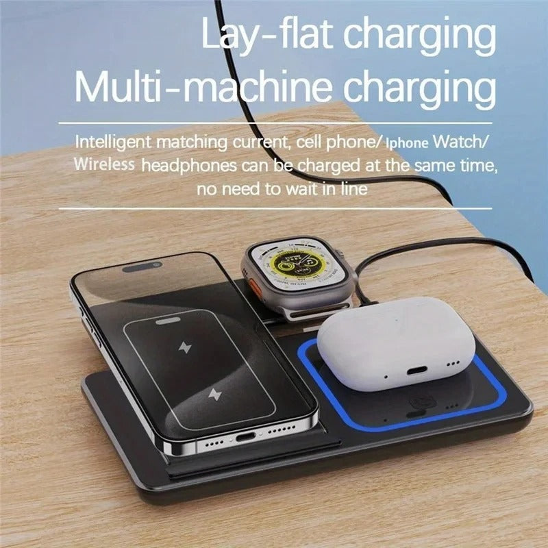 Premium 4 in 1 Wireless Charging Station with LED Light – Foldable Fast Charger Stand for Phones, Apple Watch, AirPods and Qi-Compatible Devices