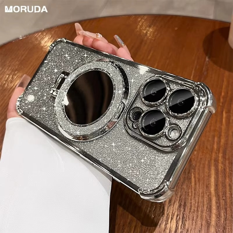 Luxury Apple iPhone Case, MagSafe Compatible, Camera Lens & Screen Protection, Ultra Thin, Shockproof, Magnetic Full All Around Cover – Sparkling Gradient Glitter Airbag Case with Mirror Back & Diamond Stand Holder