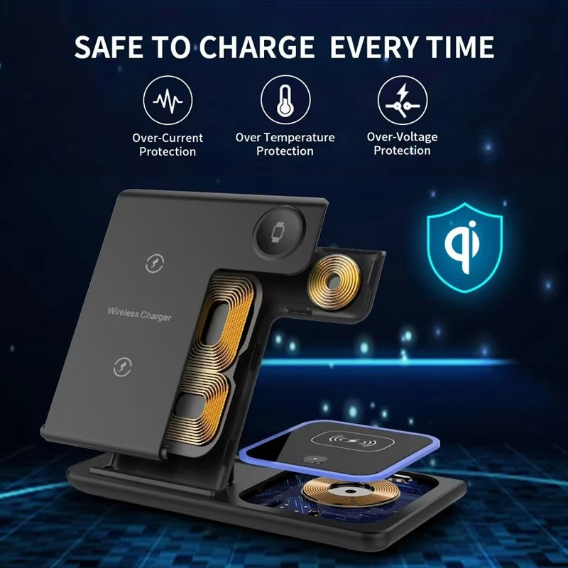 Premium 4 in 1 Wireless Charging Station with LED Light – Foldable Fast Charger Stand for Phones, Apple Watch, AirPods and Qi-Compatible Devices