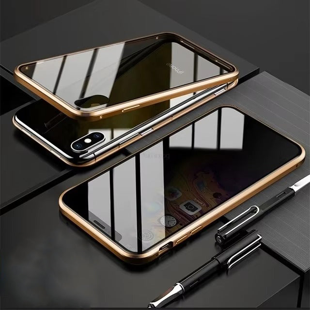 Premium Apple iPhone Case, MagSafe Compatible, Camera Lens & Screen Protection, Ultra Thin, Shockproof, Magnetic Full All Around Cover – 360° Magnetic Metal Case with Tempered Glass Privacy Screen & Anti-Spy Protection