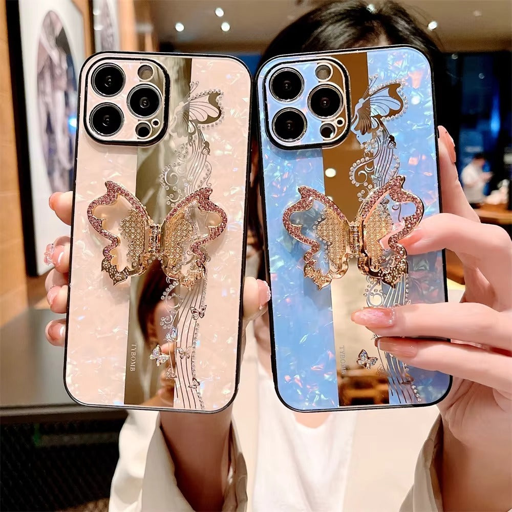 Fashion Apple iPhone Case, MagSafe Compatible, Camera Lens & Screen Protection, Ultra Thin, Shockproof, Magnetic Full All Around Cover – Butterfly Ring Holder Case with Full Shockproof Armor Back for Girls