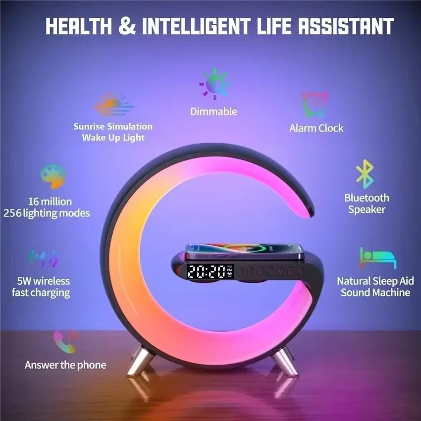 Luxury Wireless Charging Alarm Clock – Bluetooth Speaker with Sunrise Wake-Up Light, RGB Night Lamp, Sleep Aid, 5W Fast Charger for Qi-Enabled Devices