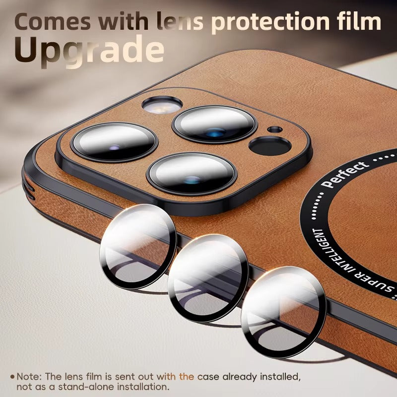 Premium MagSafe Leather iPhone Case with Magnetic Shockproof Design, Glass Lens Protector, Full Body Drop Defense,