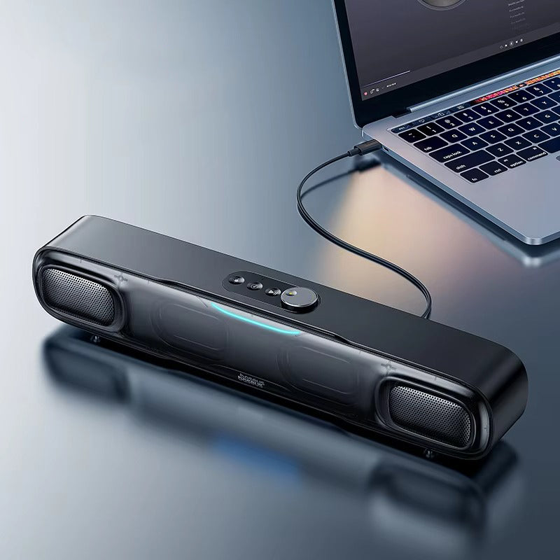 Premium Mini Bluetooth Soundbar for iPhone & Mac – Desk Speaker with 3D Surround Audio, Triple-Mode Playback, Subwoofer