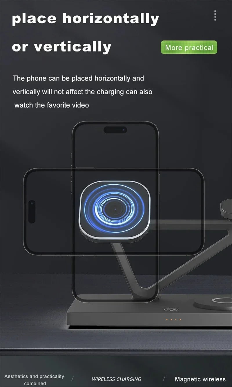 Premium 5 in 1 Magnetic Wireless Charging Station – Foldable Fast Charger Stand for Phones, Smartwatches, Earbuds with 30W Output & LED Night Light