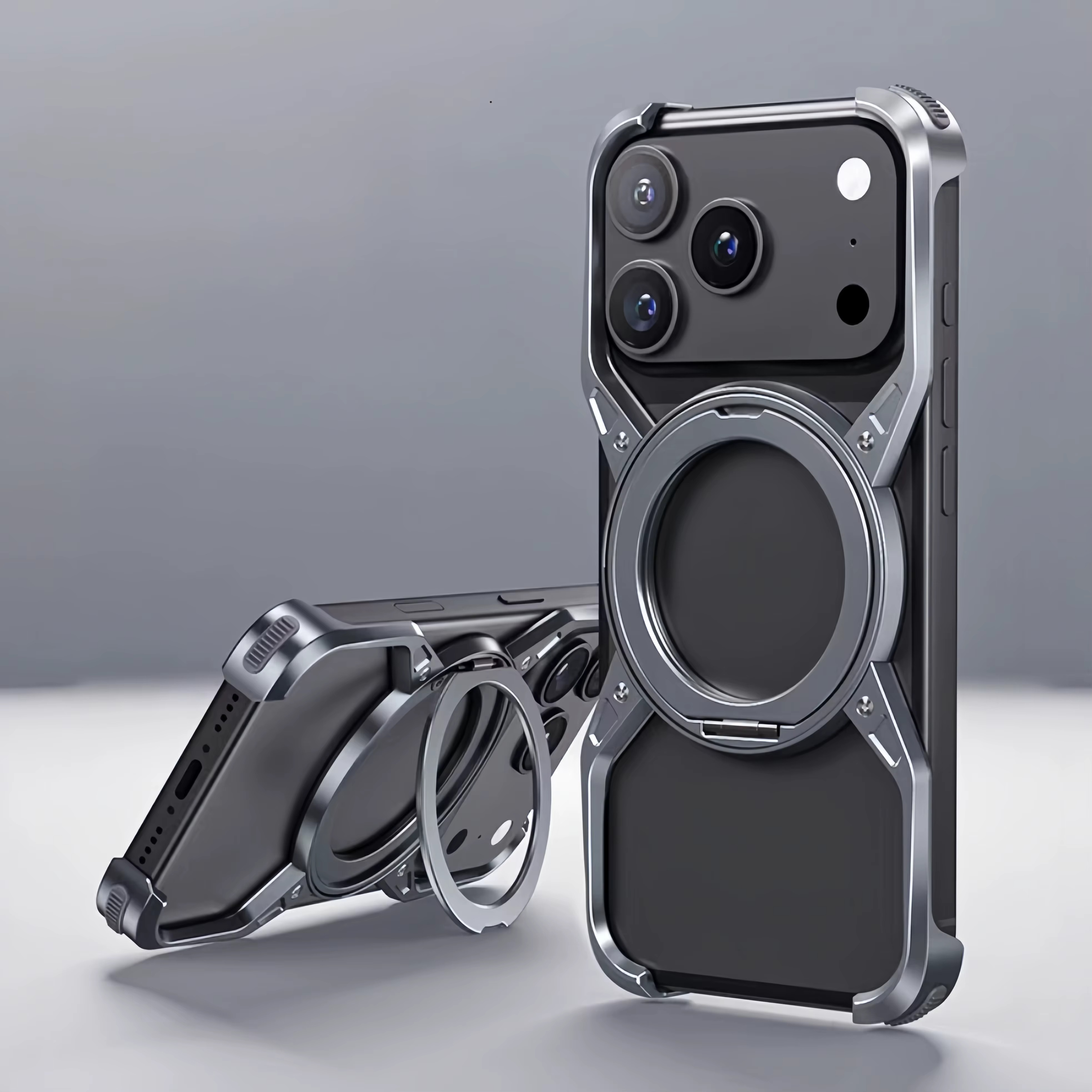 Premium Aluminum Alloy Bumper iPhone Case – MagSafe Compatible Magnetic Cover with 360° Rotating Ring Stand, Shockproof Frame and Camera Protection