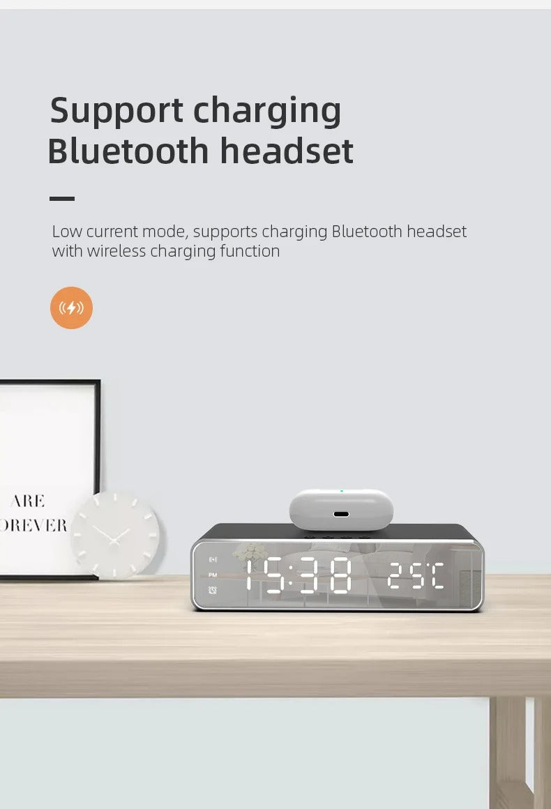 Luxury Wireless Charging Alarm Clock – LED Digital Thermometer Dock Station with Fast 5W Charger for Phones, Smartwatches, and Earbuds