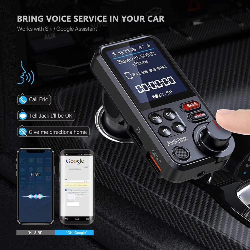 Premium, 1.8-Inch, Wireless Bluetooth FM Transmitter for Car, AUX Support, QC3.0 Charging, Treble, Bass Adjustment,