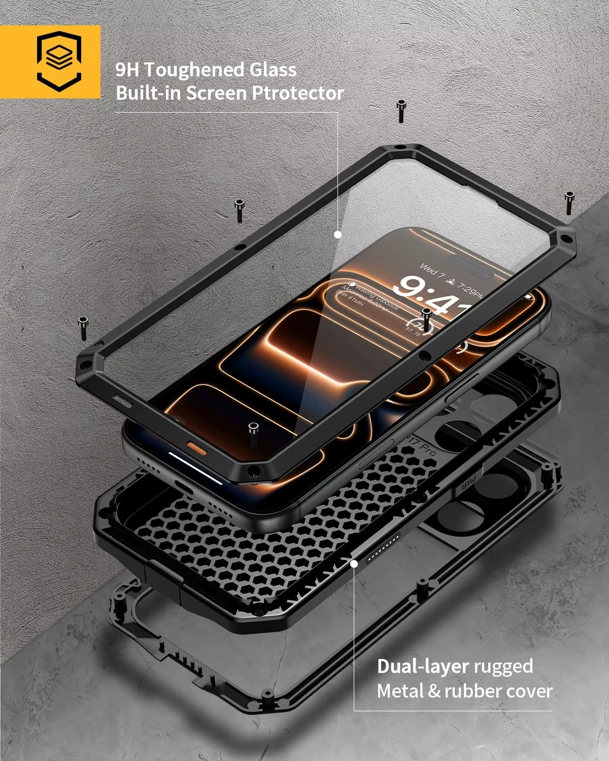 Premium Aluminum Armor iPhone Case – MagSafe Compatible Heavy Duty Shockproof Cover with Built-in Glass Screen Protector and Camera Lens Guard